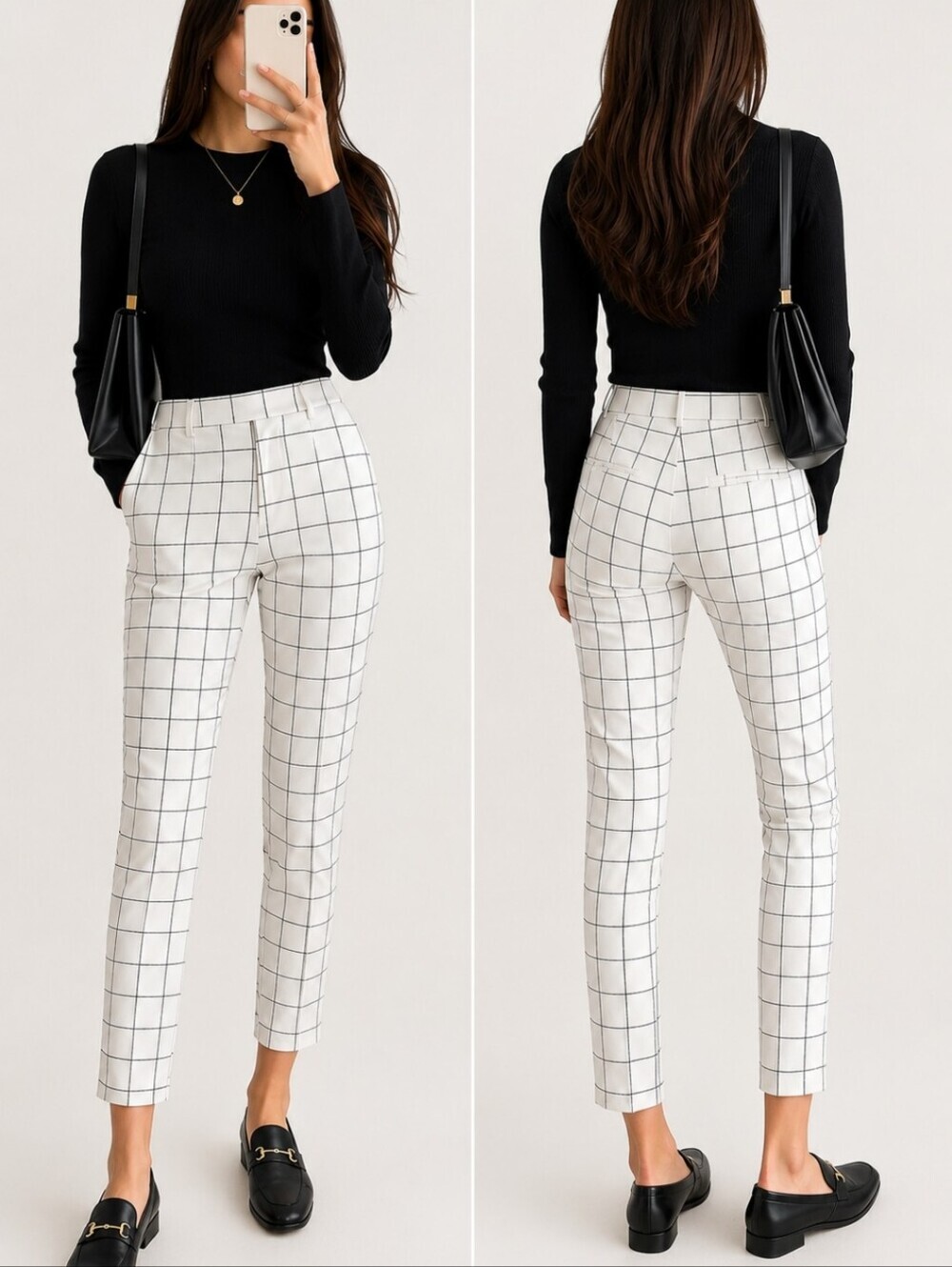 Forever 21 Windowpane Plaid Cigarette Pants White Black Grid Ankle S